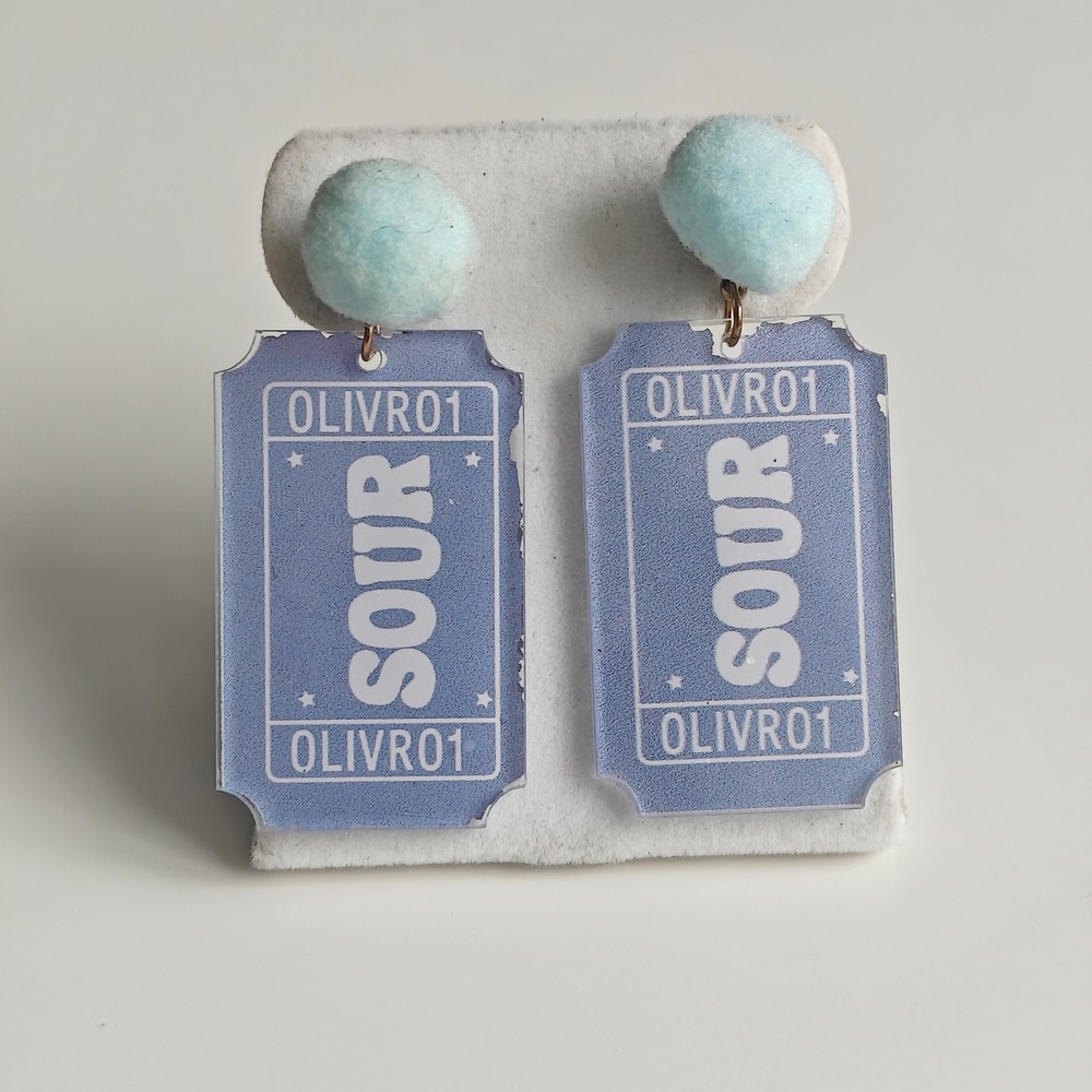 Olivia Rodrigo Sour Resin Ticket Pom Pom Drop Earrings Periwinkle Blue Music Fan
